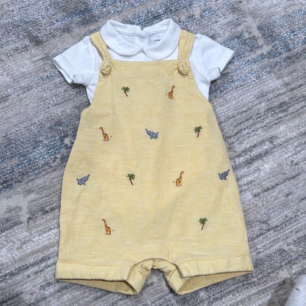 Janie and Jack Yellow Overalls with Animal and Palm Tree Embroidery
